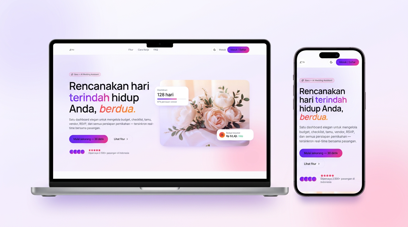 Mockup aplikasi WeddingSync di MacBook dan iPhone